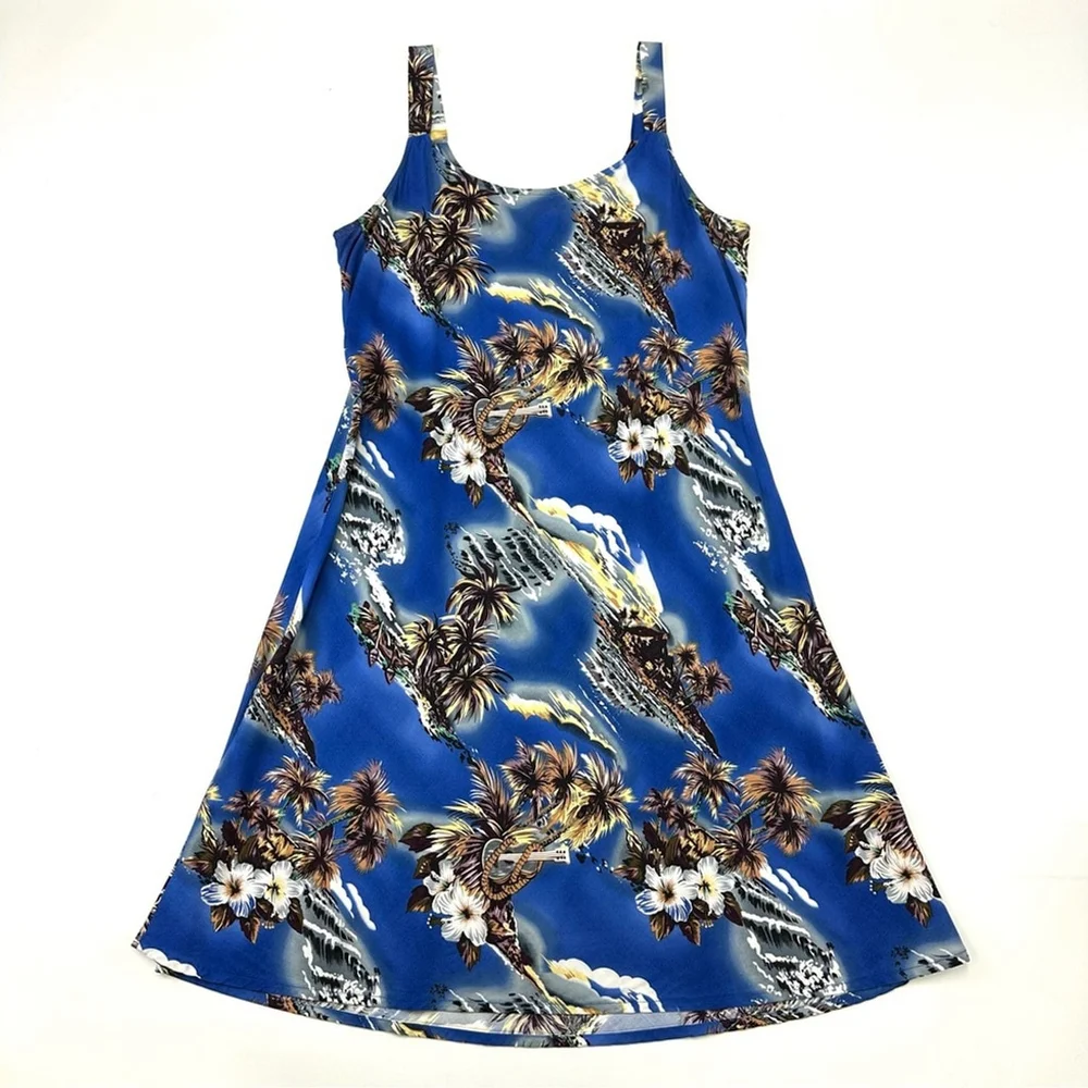 Hilo Hattie blue tropical Hawaiian print womens tank dress Fits Medium Vintage